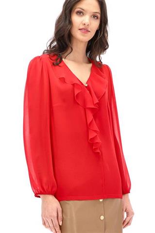 Czerwona bluzka z falbaną przy dekolcie 58099 - 217221