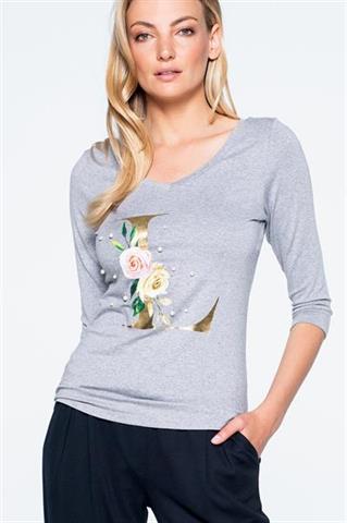 Szara bluzka z nadrukiem i perełkami 58500 - 324051