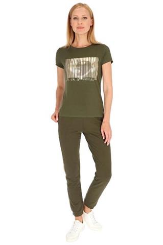 Oliwkowy t-shirt ze złotym nadrukiem 58503 - 324161