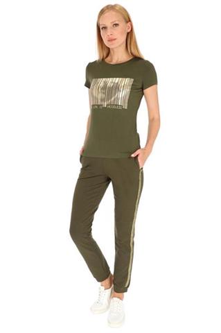 Oliwkowy t-shirt ze złotym nadrukiem 58503 - 324181