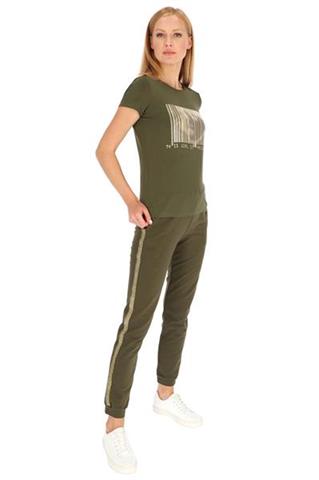 Oliwkowy t-shirt ze złotym nadrukiem 58503 - 324191