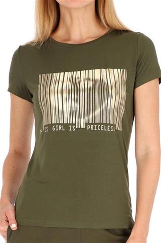 Oliwkowy t-shirt ze złotym nadrukiem 58503 - 324201