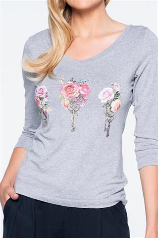 Szara bluzka z kolorowym nadrukiem 58510 - 324351