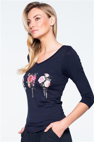 Granatowa bluzka z kolorowym nadrukiem 58509 - 324681