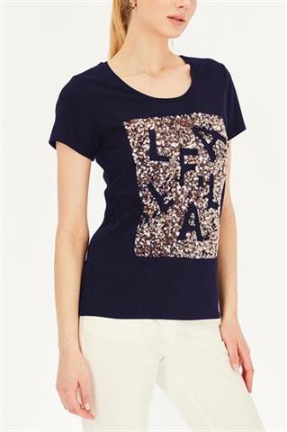 Granatowy t-shirt damski z cekinami 58832 - 391061