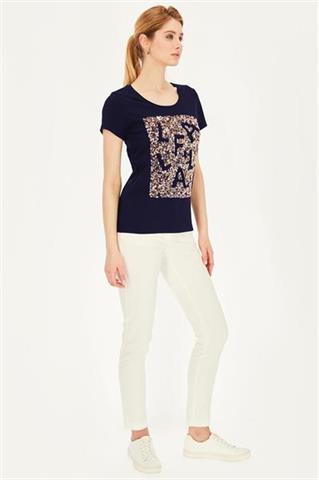 Granatowy t-shirt damski z cekinami 58832 - 391071
