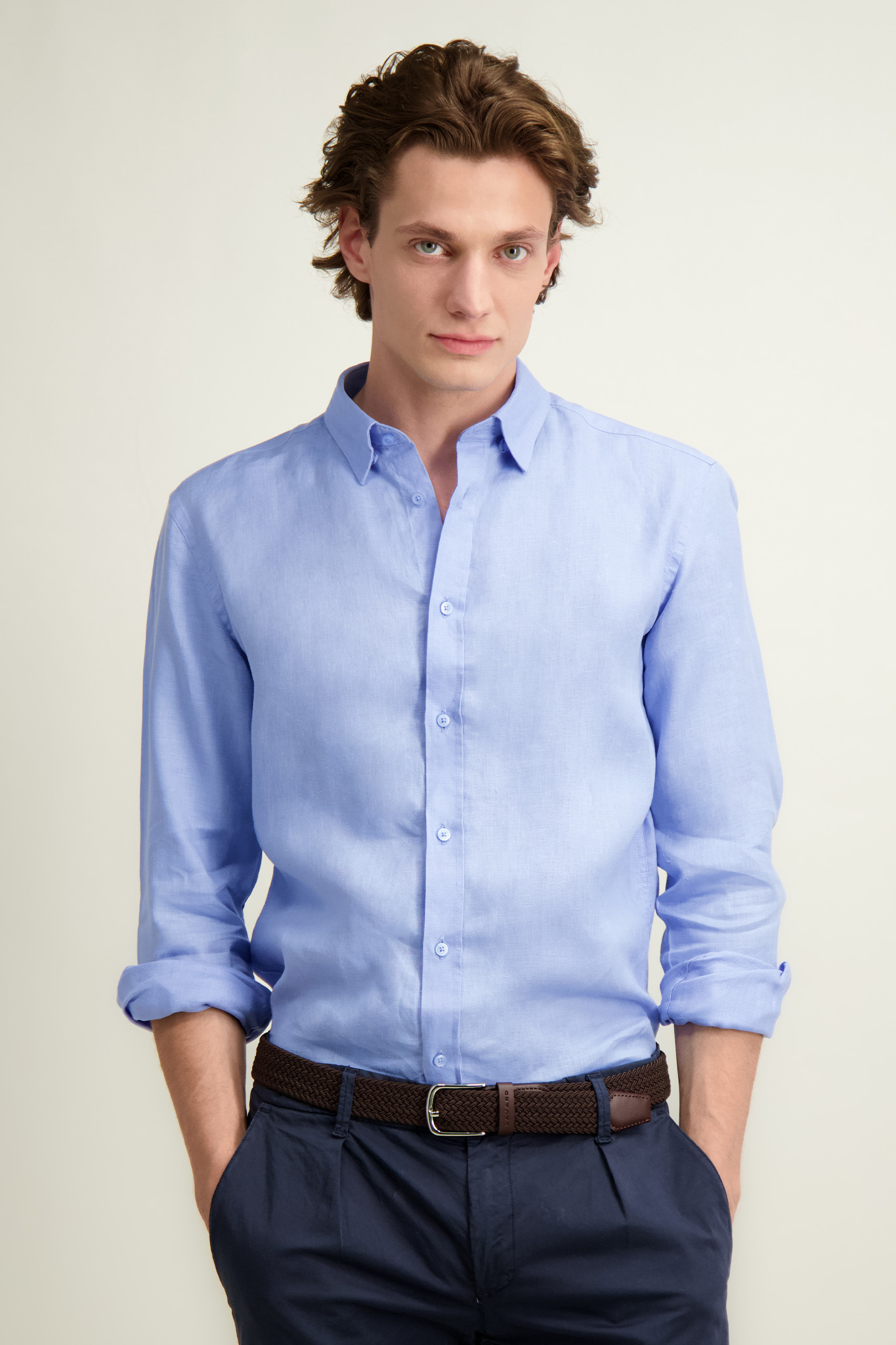 Niebieska koszula męska len 93520