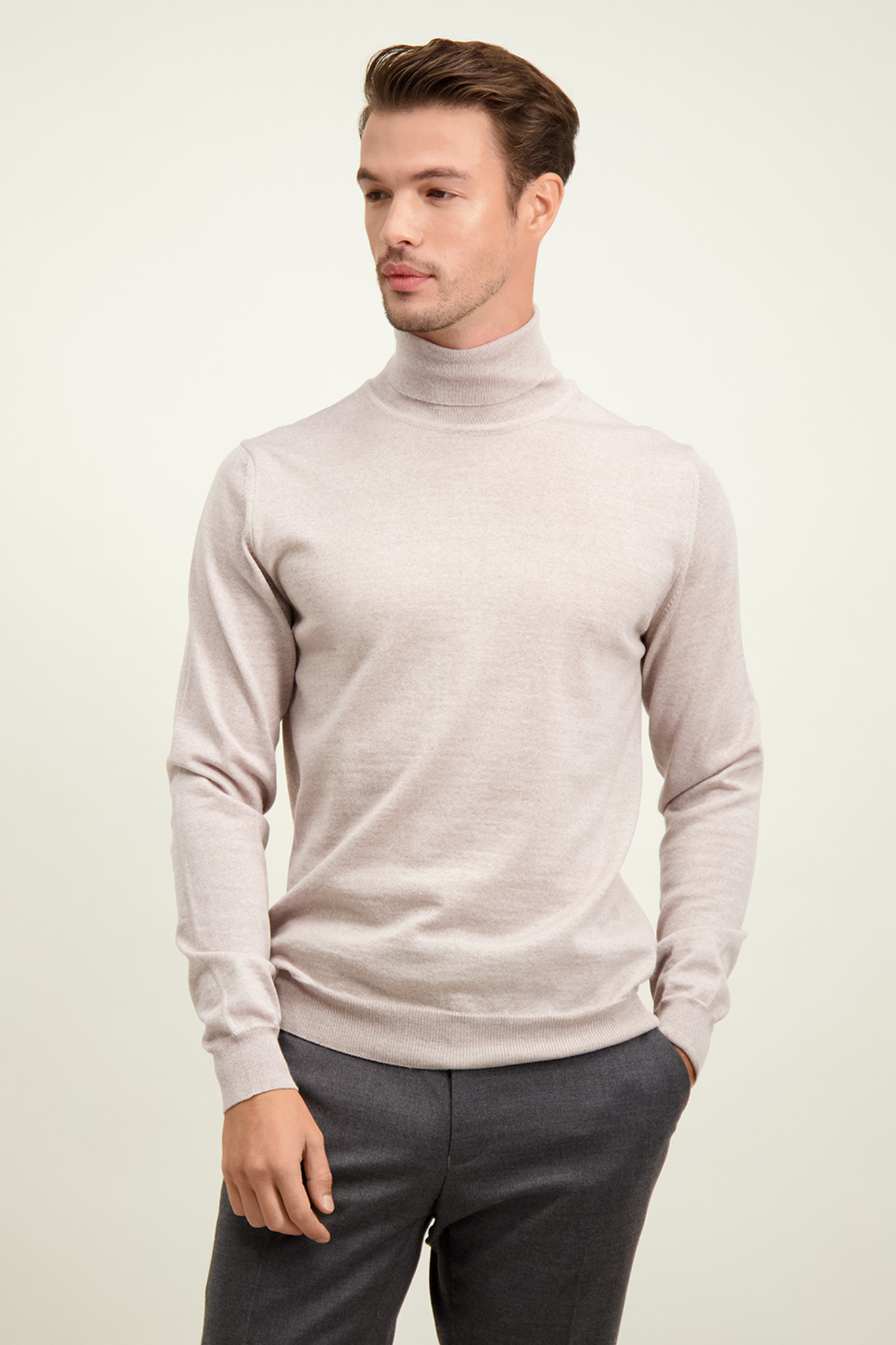 Beżowy golf męski z wełny merino 74278