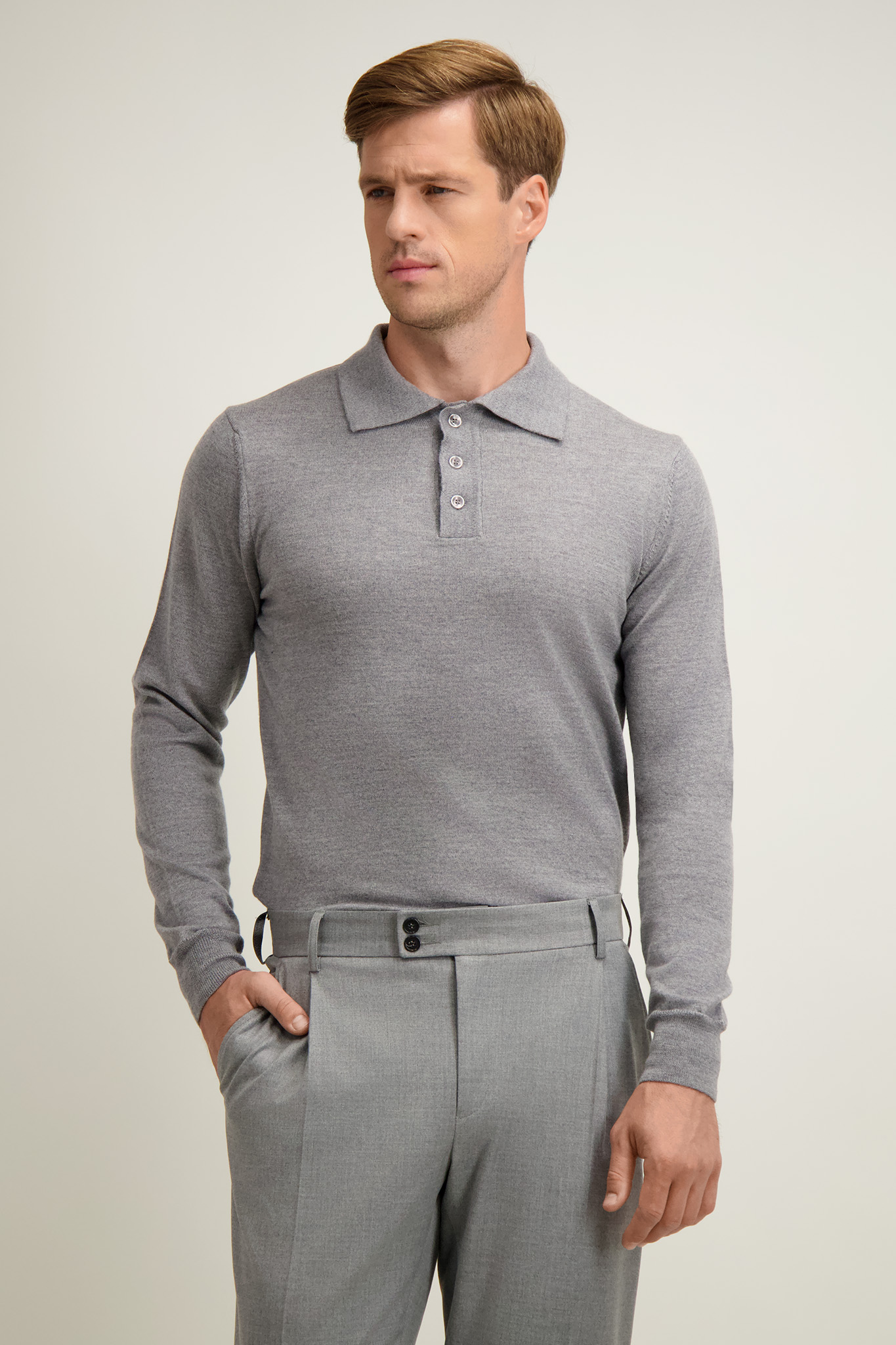 Szare polo męskie z wełny merino 74221