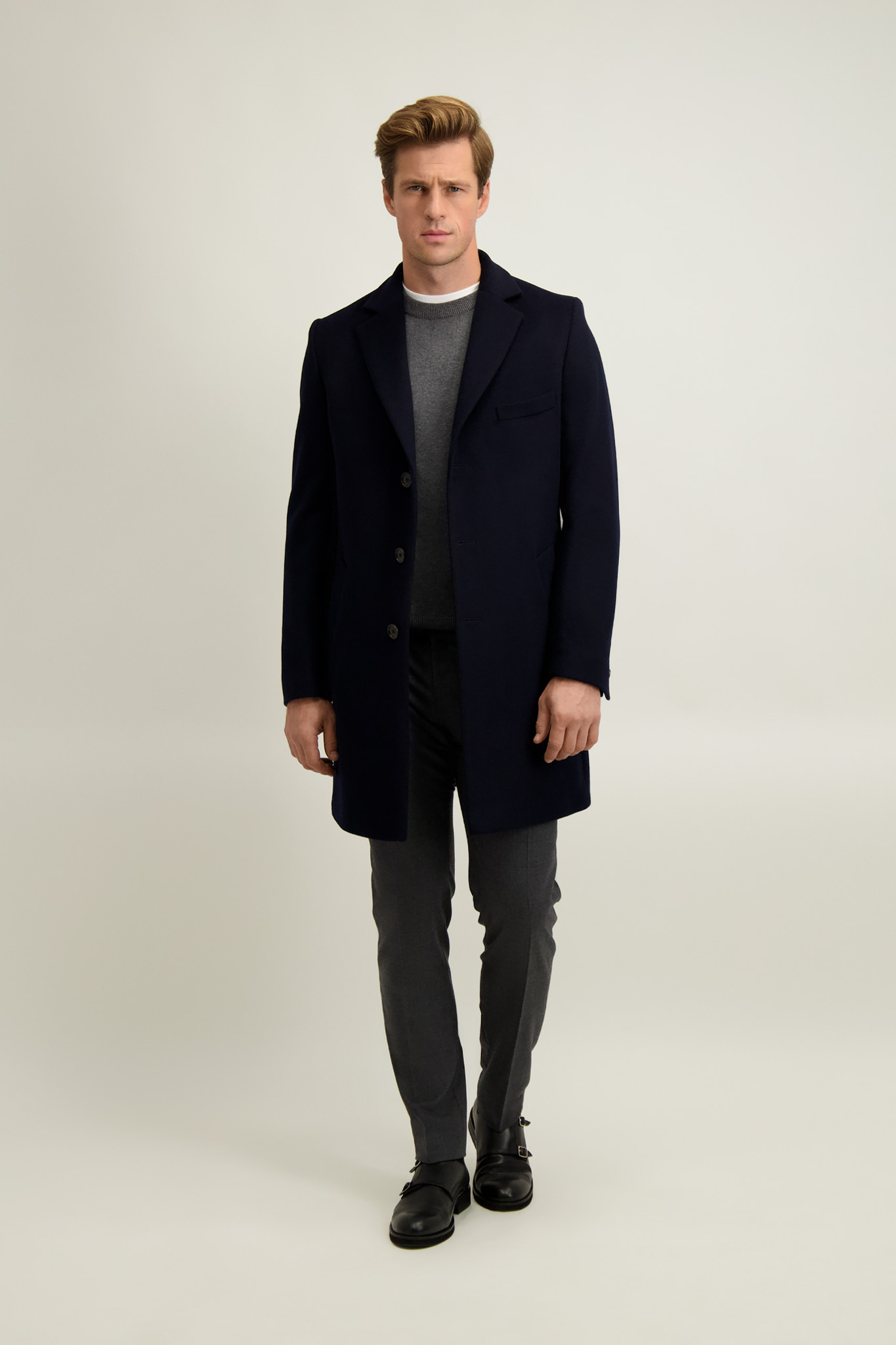 Granatowy płaszcz męski z wełną 20069
