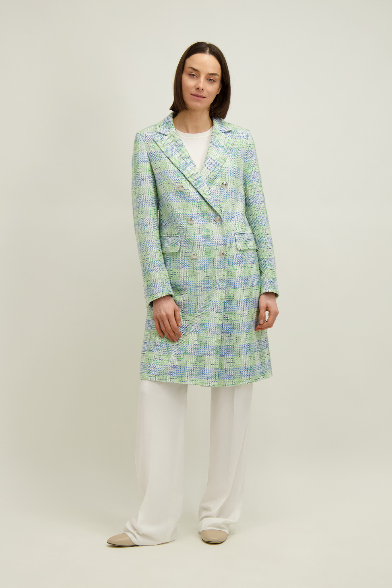 Niebiesko-zielony płaszcz damski z bawełną 87549