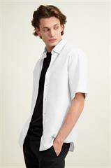 Biała koszula męska z krótkim rękawem bawełna, len 93513